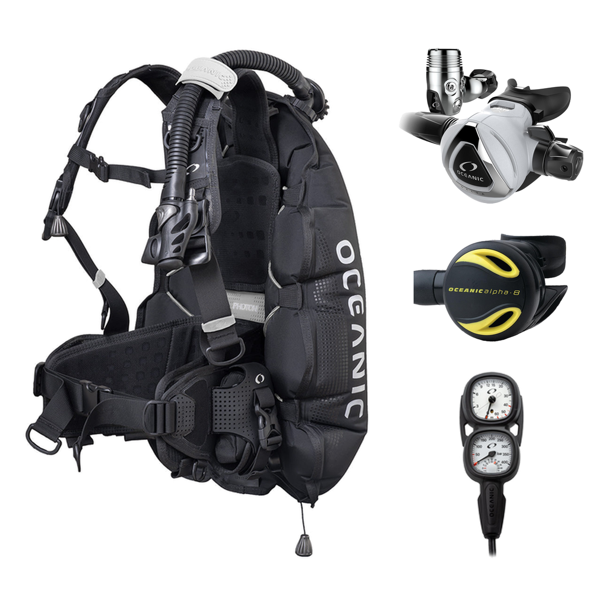 Oceanic Regulator + BCD Scuba Package – Photon Air Men's BCD w/ Color Kit + Delta 5 EDX Regulator + Alpha 8 Octopus + Maxvie…