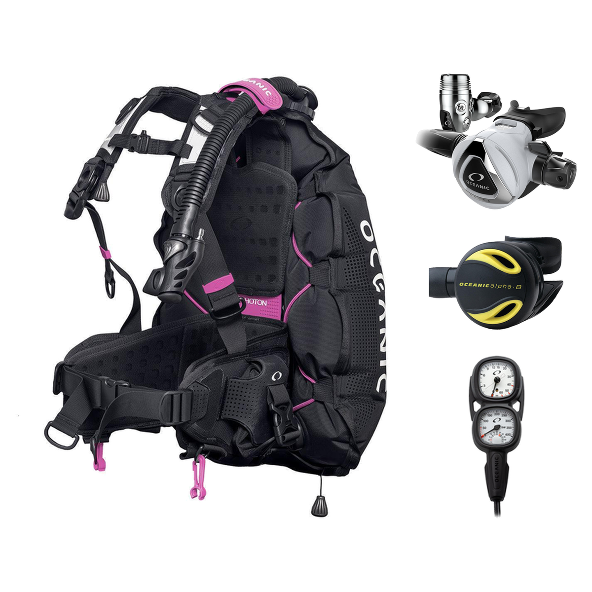 Oceanic Regulator + BCD Scuba Package – Photon Air Women's BCD w/ Color Kit + Delta 5 EDX Regulator + Alpha 8 Octopus + Maxv…