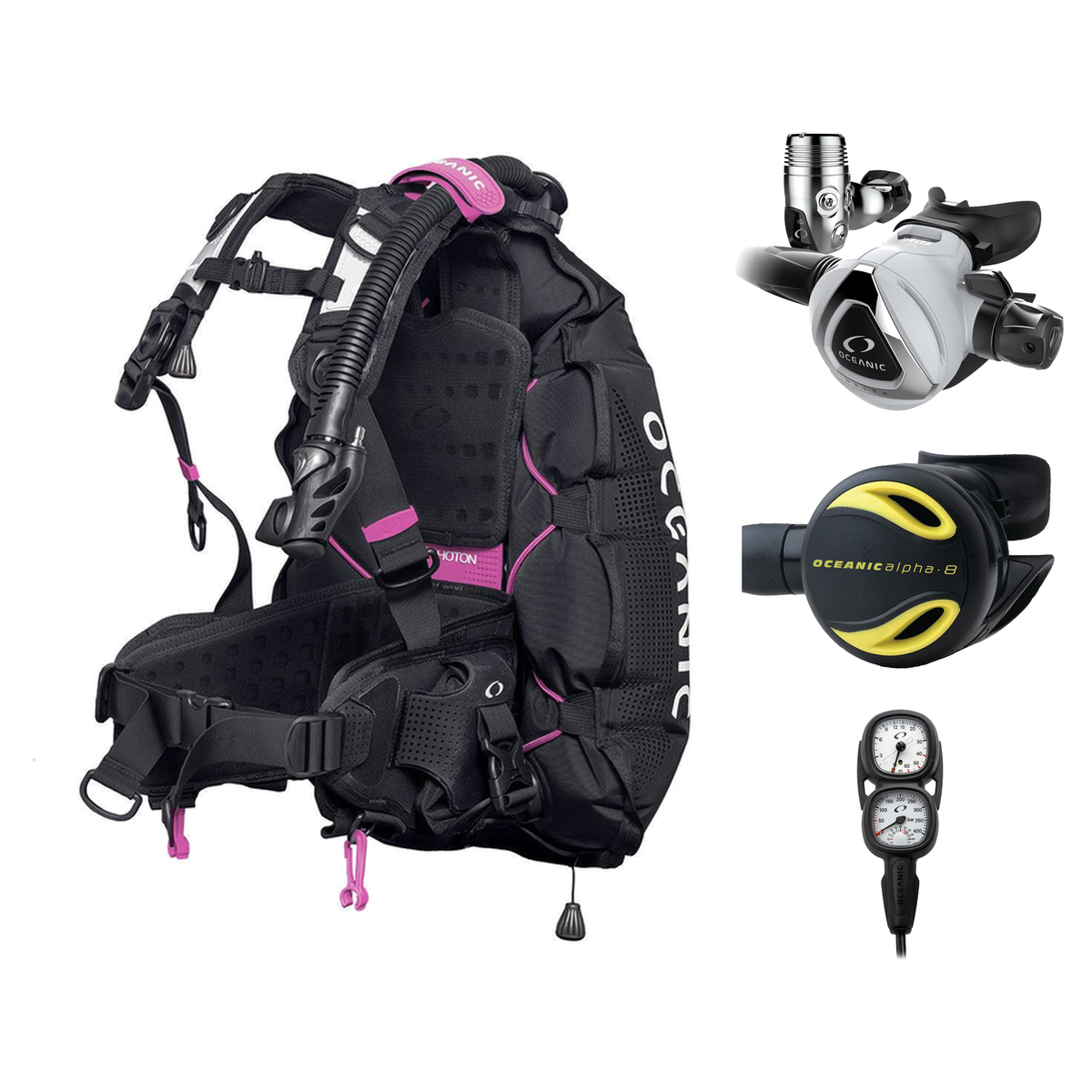 Oceanic Regulator + BCD Scuba Package – Photon Air Women's BCD w/ Color Kit + Delta 5 EDX Regulator + Alpha 8 Octopus + Maxv…