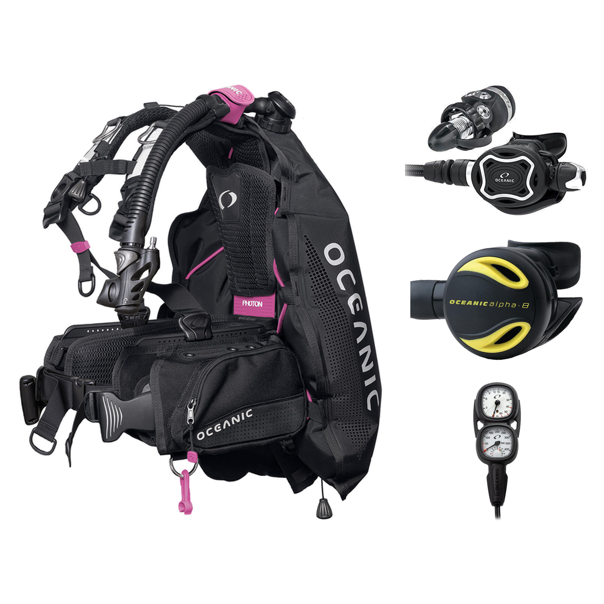 Oceanic Regulator + BCD Scuba Package – Photon Pro Women's BCD w/ Color Kit + ZEO FDX-I Regulator + Alpha 8 Octopus + Maxvie…