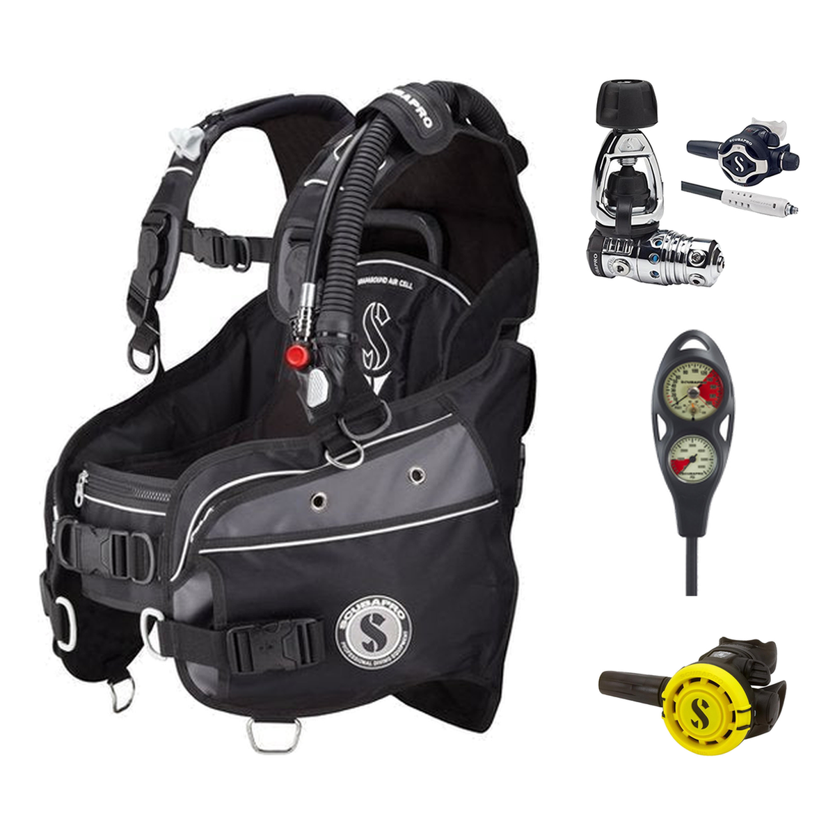 Scubapro Regulator + BCD Scuba Package – Glide X BCD w/ AIR2 Black Grey + MK25 EVO/S620 Ti Regulator + R105 Octopus + 2-Gaug…