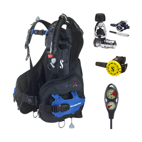 Scubapro Regulator + BCD Scuba Package – Hydros X Balanced Inflator Men's with Color Kit + MK25 EVO/S620 Ti Regulator + R105 Octopus + 2-Gauge Console