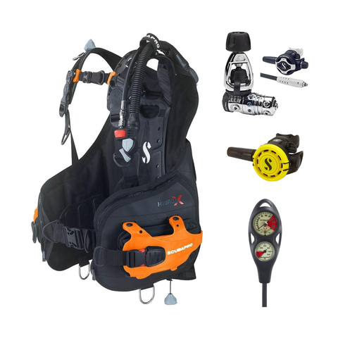 Scubapro Regulator + BCD Scuba Package – Hydros X Balanced Inflator Women's with Color Kit + MK25 EVO/S620 Ti Regulator + R105 Octopus + 2-Gauge Console