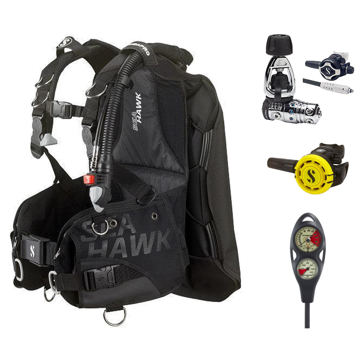 Scubapro Regulator + BCD Scuba Package – Seahawk 2 BCD with AIR2 + MK25 EVO/S620 Ti Regulator + R105 Octopus + 2-Gauge Conso…