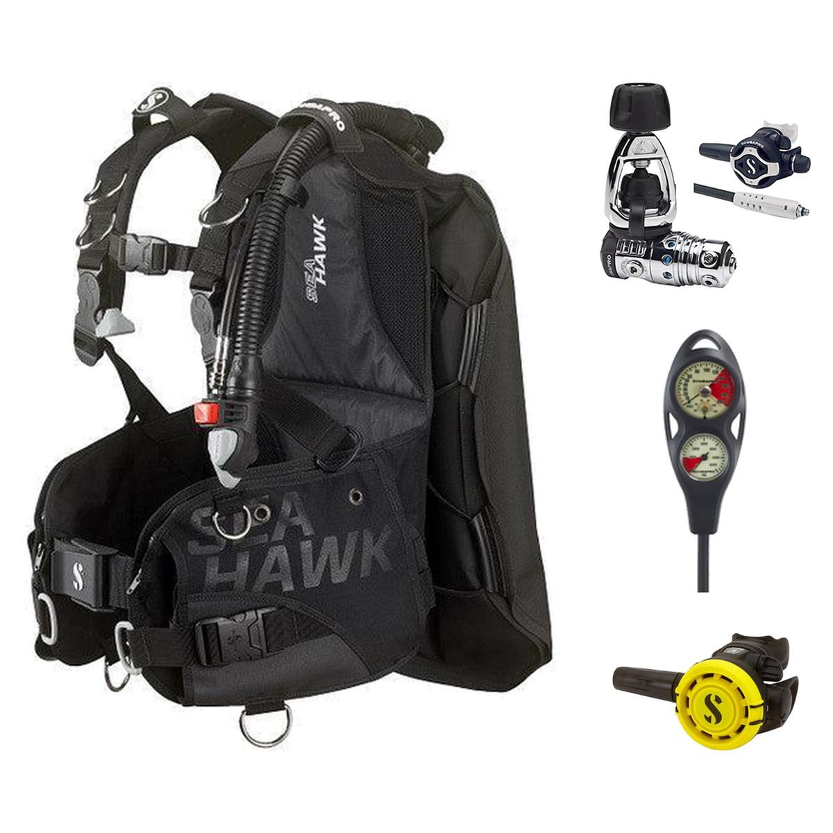 Scubapro Regulator + BCD Scuba Package – Seahawk 2 BCD with AIR2 + MK25 EVO/S620 Ti Regulator + R105 Octopus + 2-Gauge Conso…