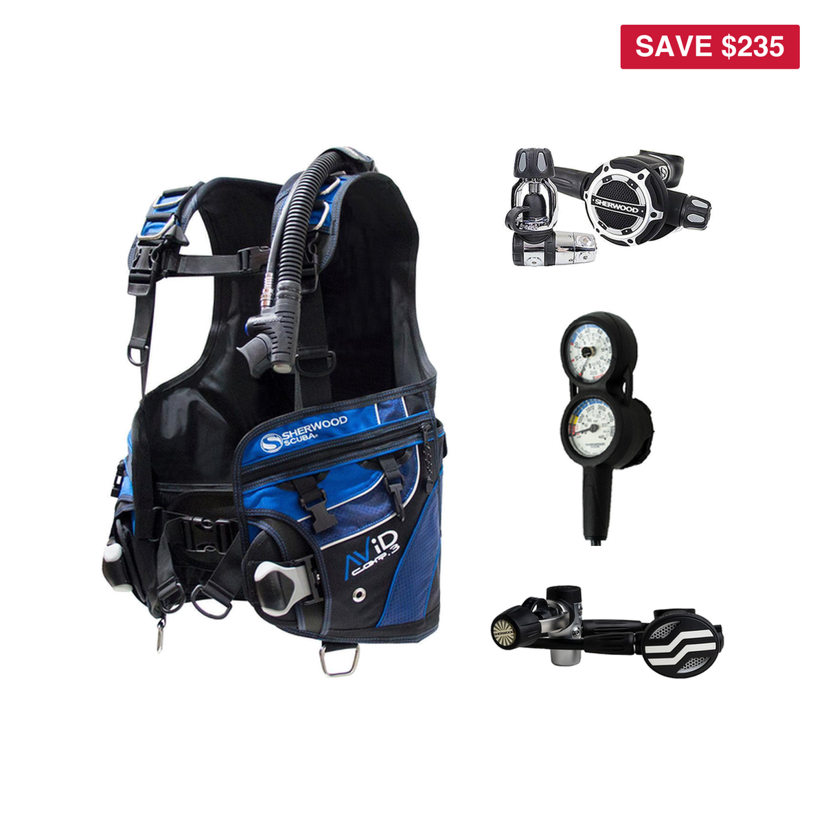 Sherwood Regulator + BCD Scuba Package – Avid BCD + SR2 Regulator + Blizzard Pro Octopus + 3-Gauge Console — includes Sherwo…