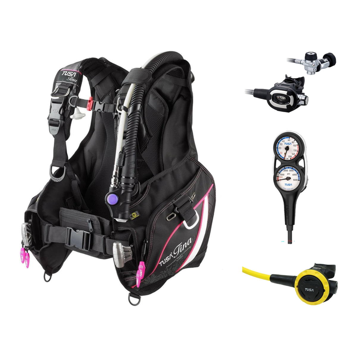 Tusa Regulator + BCD Scuba Package – Tina Women BCD Jacket + RS-681 Regulator + SS-0001 Octopus + 3-Gauge Console — Pink