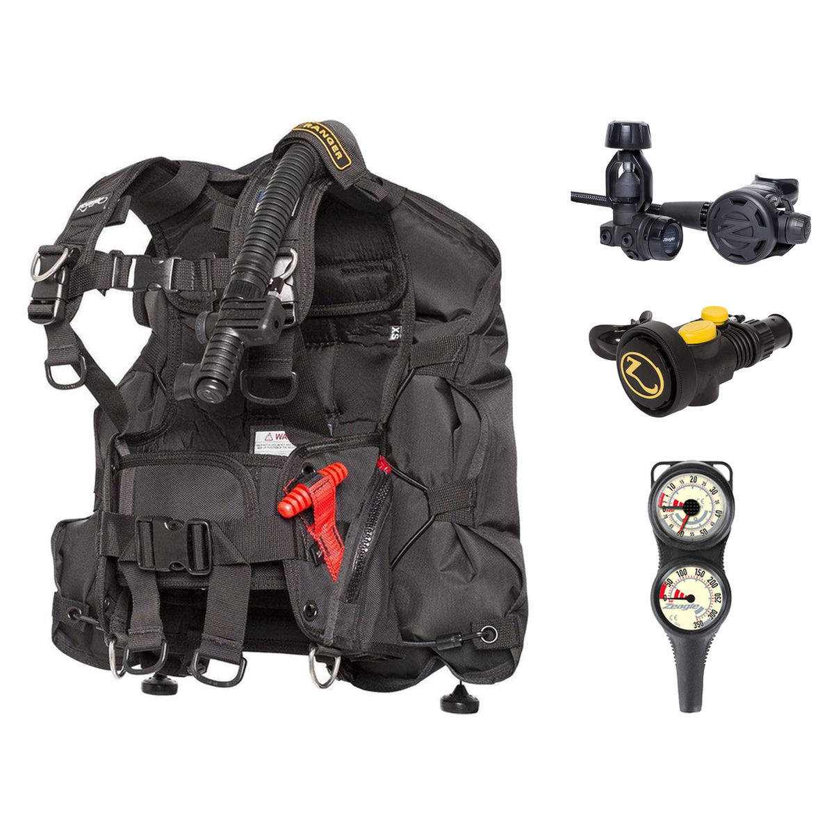 Zeagle Regulator + BCD Scuba Package – Ranger Jr BCD for Youth + F8 Regulator + Octo Z II + 2-Gauge Console — includes Zeagl…
