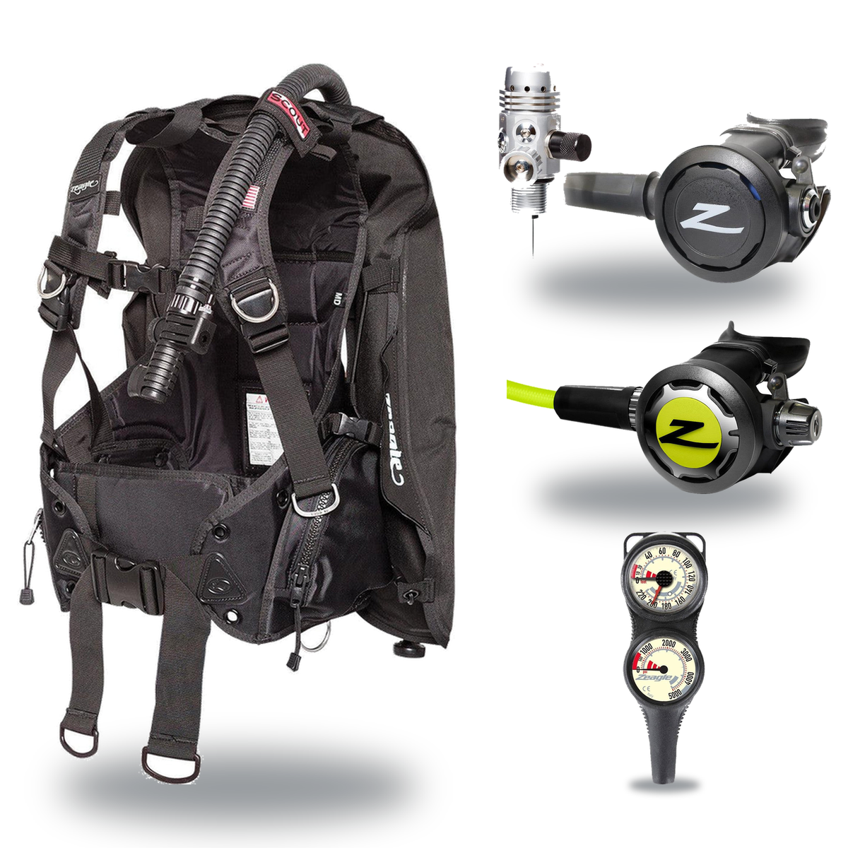 Zeagle Regulator + BCD Scuba Package – Scout BCD + Envoy/RaZor II Regulator + Onyx II Octopus + Combo 2 Gauge Console — incl…