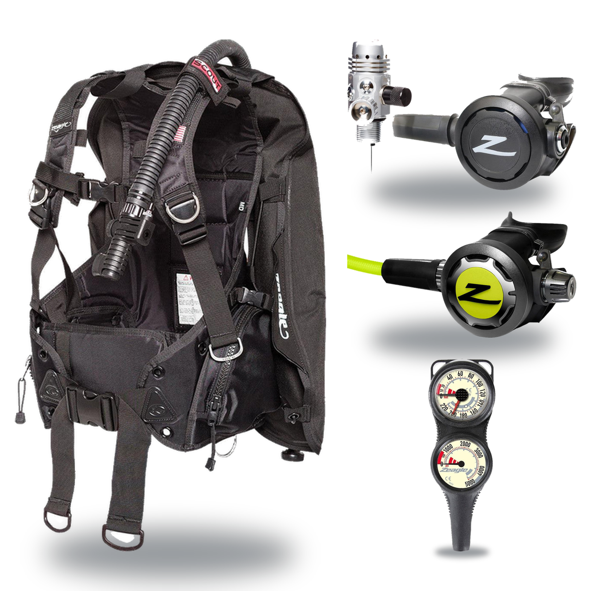 Zeagle Regulator + BCD Scuba Package – Scout BCD + Envoy/RaZor II Regulator + Onyx II Octopus + Combo 2 Gauge Console — incl…