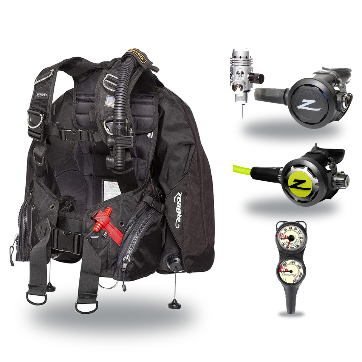 Zeagle Regulator + BCD Scuba Package – Scout BCD + Envoy/RaZor II Regulator + Onyx II Octopus + Combo 2 Gauge Console — Zeag…