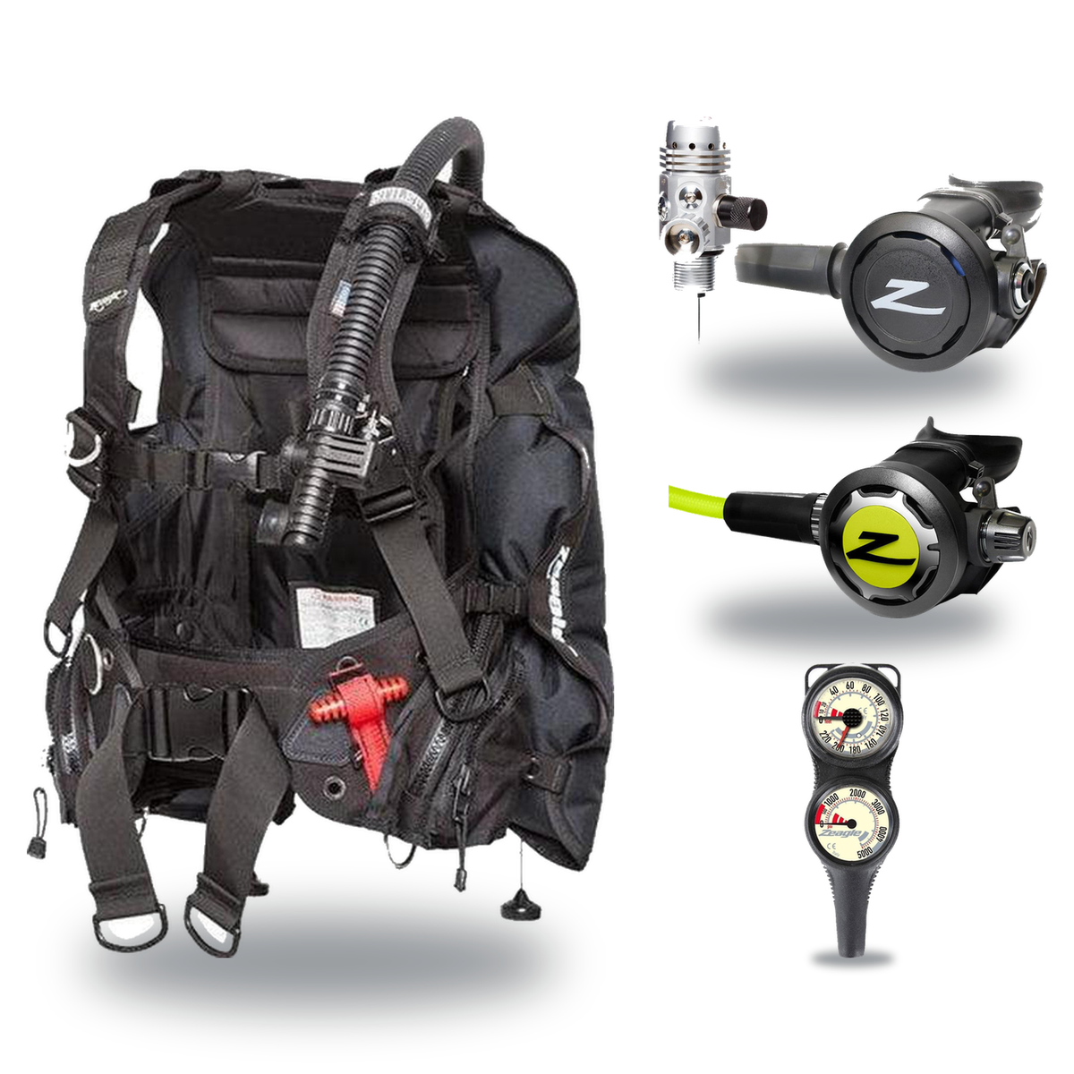 Zeagle Regulator + BCD Scuba Package – Scout BCD + Envoy/RaZor II Regulator + Onyx II Octopus + Combo 2 Gauge Console — Zeag…