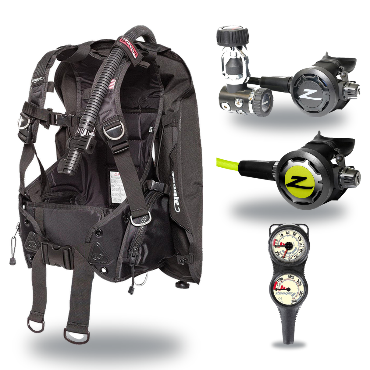 Zeagle Regulator + BCD Scuba Package – Scout BCD + Envoy/RaZor II Regulator + Onyx II Octopus + Combo 2 Gauge Console — Zeag…