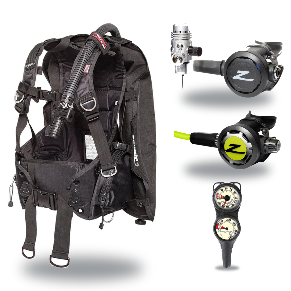 Zeagle Regulator + BCD Scuba Package – Scout BCD + Envoy/RaZor II Regulator + Onyx II Octopus + Combo 2 Gauge Console — Zeag…