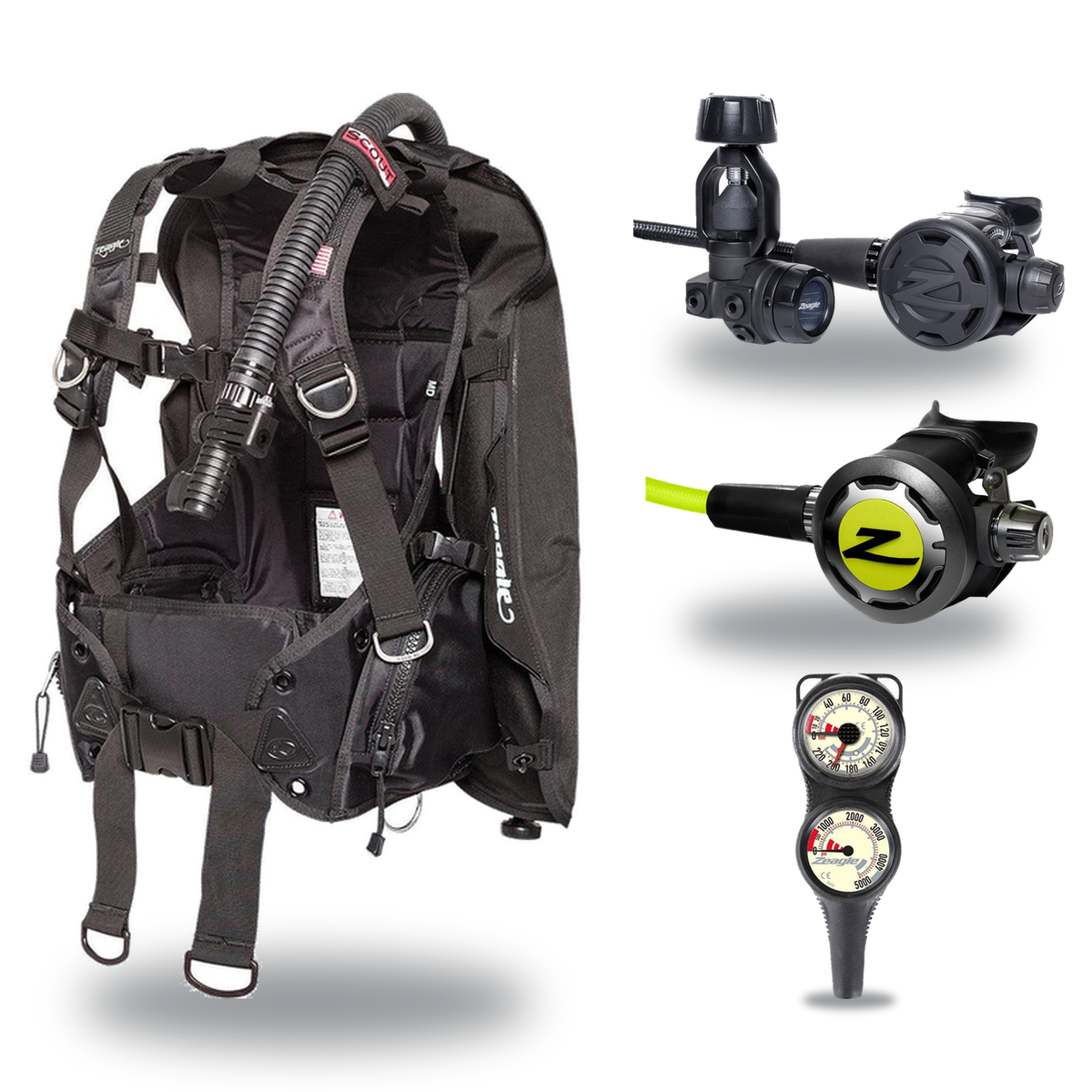 Zeagle Regulator + BCD Scuba Package – Scout BCD + Envoy/RaZor II Regulator + Onyx II Octopus + Combo 2 Gauge Console — Zeag…