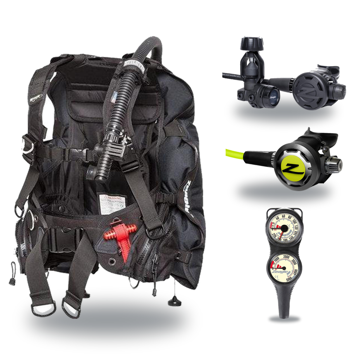 Zeagle Regulator + BCD Scuba Package – Stiletto BCD + F8 Regulator + Onyx II Octopus + Combo 2 Gauge Console — includes Zeag…