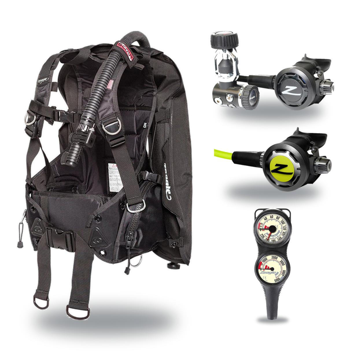 Zeagle Regulator + BCD Scuba Package – Stiletto BCD + F8 Regulator + Onyx II Octopus + Combo 2 Gauge Console — Zeagle Scout,…
