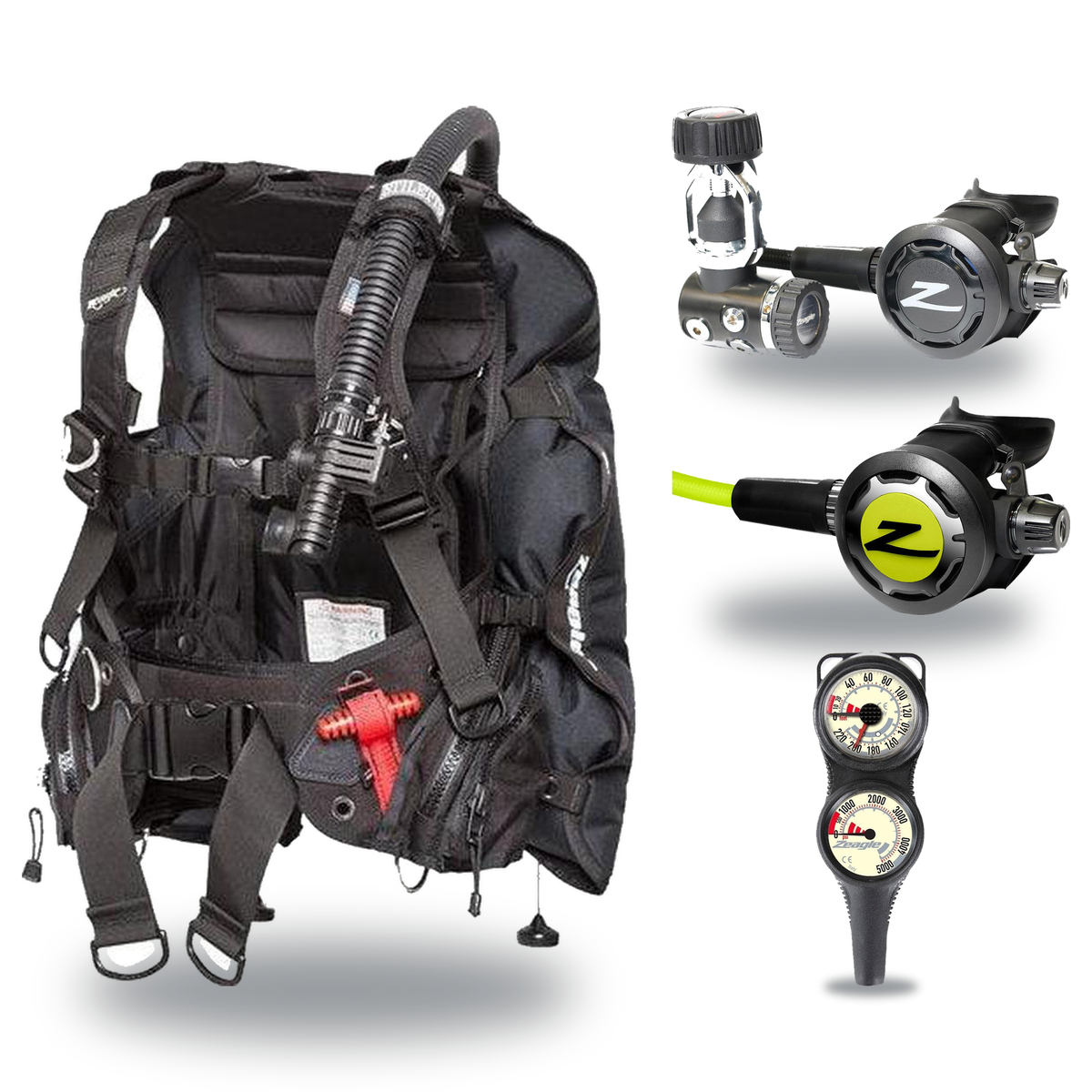 Zeagle Regulator + BCD Scuba Package – Stiletto BCD + Onyx II Regulator + Onyx II Octopus + Combo 2 Gauge Console — includes…