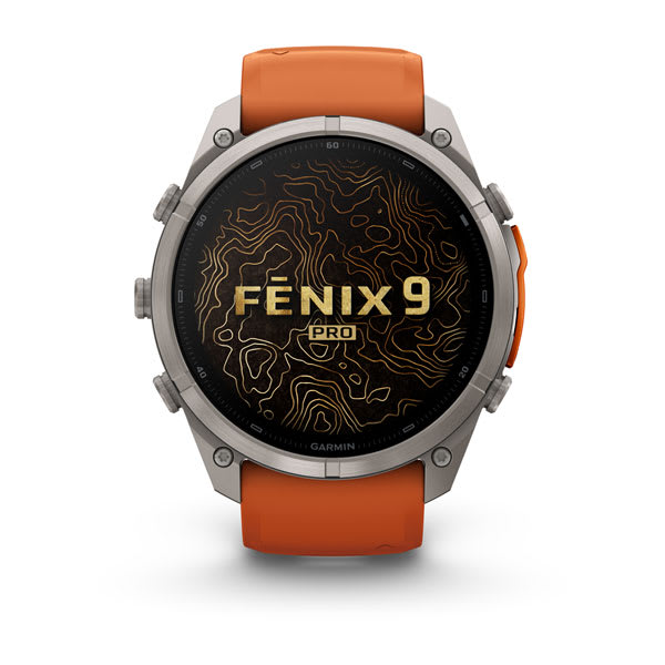 Garmin fenix 9 Pro – inReach, 51 mm Titanium with Autumn Orange/Spark Orange Silicone B — right profile