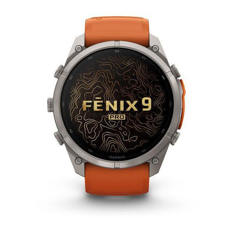 Garmin fenix 9 Pro – inReach, 51 mm Titanium with Autumn Orange/Spark Orange Silicone B — right profile