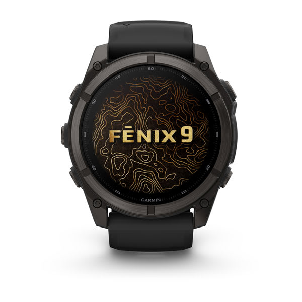 Garmin fenix 9 – 51mm, Carbon Gray DLC Titanium with Black Silicone Band — right profile