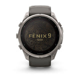Garmin fenix 9 Pro – inReach, Solar, 51 mm Titanium with Pebble Gray/Silver Gray Silico — right profile