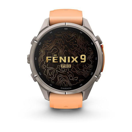 Garmin fenix 9 Pro – inReach, 43 mm Titanium with Shell Pink/Autumn Orange Silicone Ban — right profile