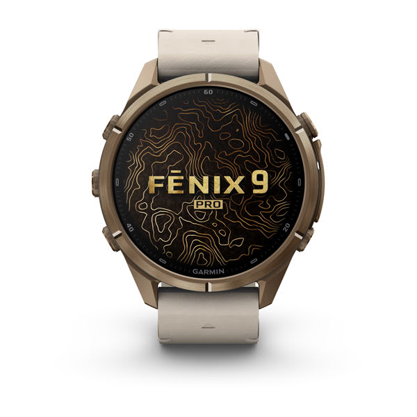Garmin fenix 9 Pro – inReach, 43 mm Autumn Gold Titanium with Bone Leather Band — right profile