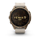 Garmin fenix 9 Pro – inReach, 43 mm Autumn Gold Titanium with Bone Leather Band — right profile
