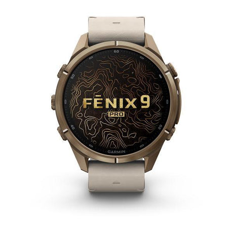 Garmin fenix 9 Pro – inReach, 43 mm Autumn Gold Titanium with Bone Leather Band — right profile