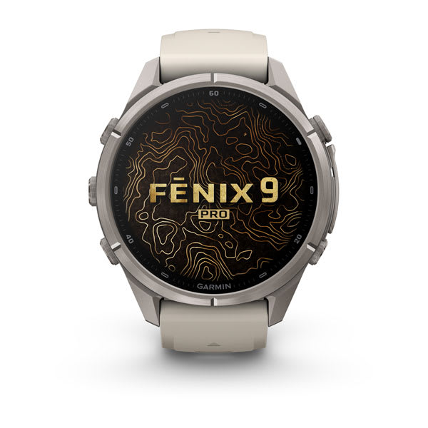 Garmin fenix 9 Pro – 43 mm, Titanium with Fog Gray/Dark Sandstone Silicone Band — right profile