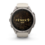 Garmin fenix 9 Pro – 43 mm, Titanium with Fog Gray/Dark Sandstone Silicone Band — right profile