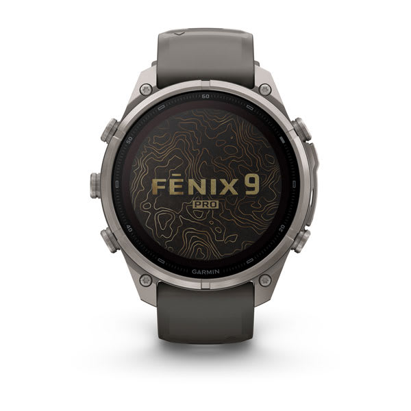 Garmin fenix 9 Pro – inReach, Solar, 47 mm Titanium with Pebble Gray/Silver Gray Silico — right profile