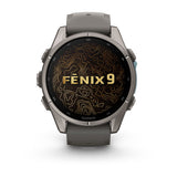 Garmin fenix 9 – 43 mm, Titanium with Pebble Gray Silicone Band — right profile