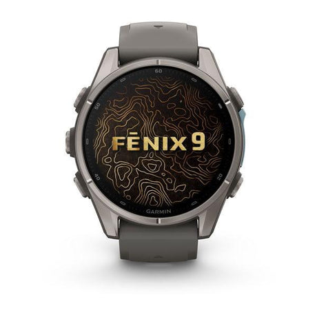 Garmin fenix 9 – 43 mm, Titanium with Pebble Gray Silicone Band — right profile