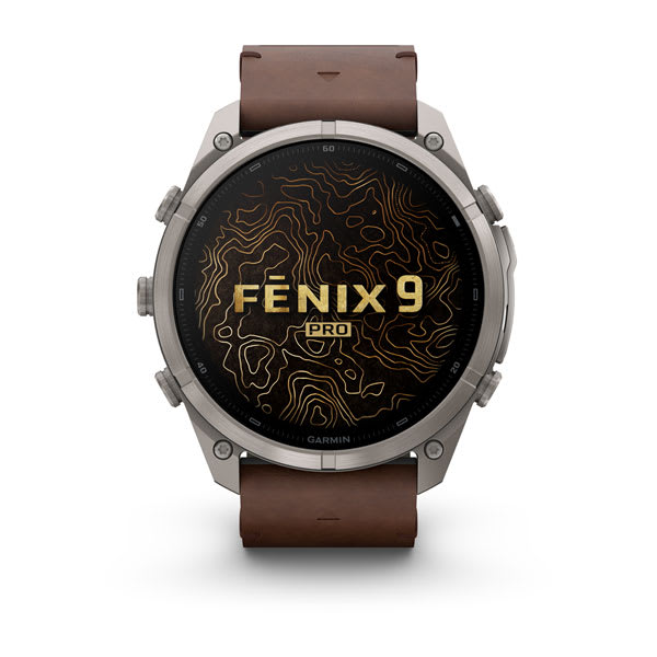 Garmin fenix 9 Pro – inReach, 51 mm Titanium with Walnut Leather Band — right profile