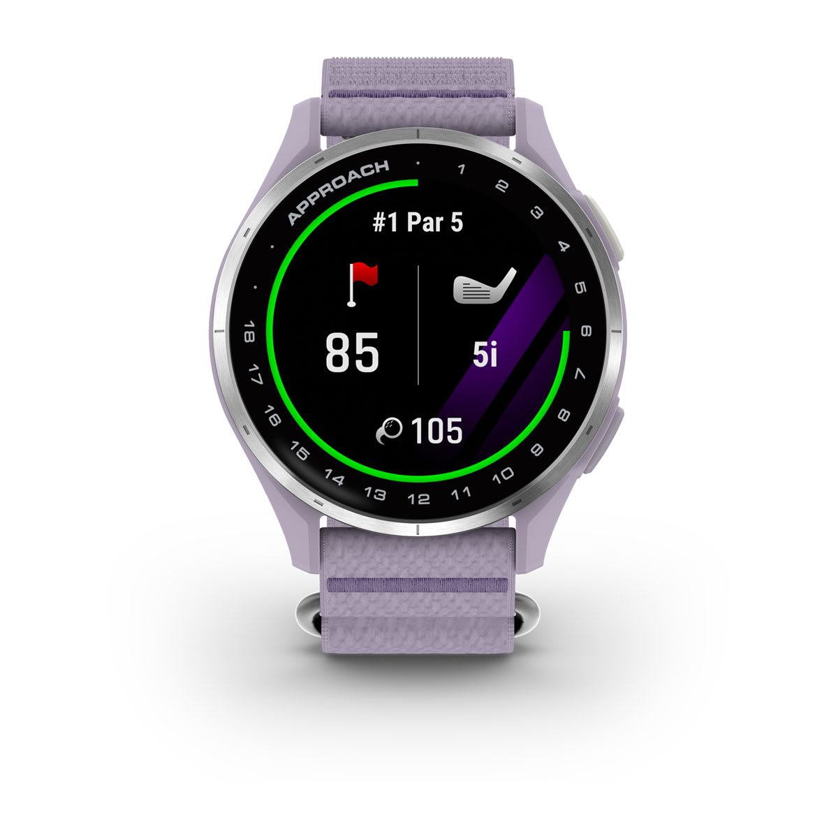Garmin Approach J1 Junior GPS Golf Smartwatch – Silver Aluminum Bezel with Lilac ComfortFit Fabric Band
