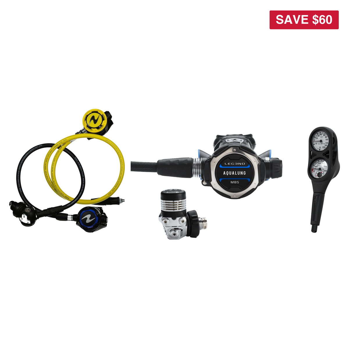 Aqualung Complete Regulator Set – LEG3ND MBS Regulator + Helix Stage 3 Black + Octopus + 2-Gauge Console — includes Aqualung…