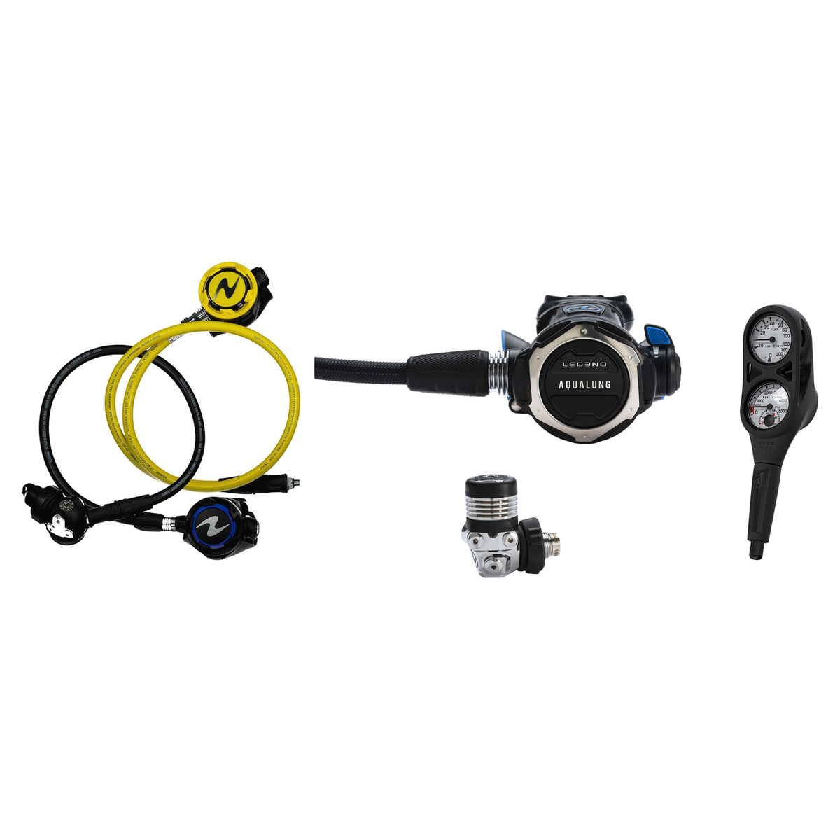 Aqualung Complete Regulator Set – LEG3ND Regulator + Helix Stage 3 Black + Octopus + 2-Gauge Console — DIN