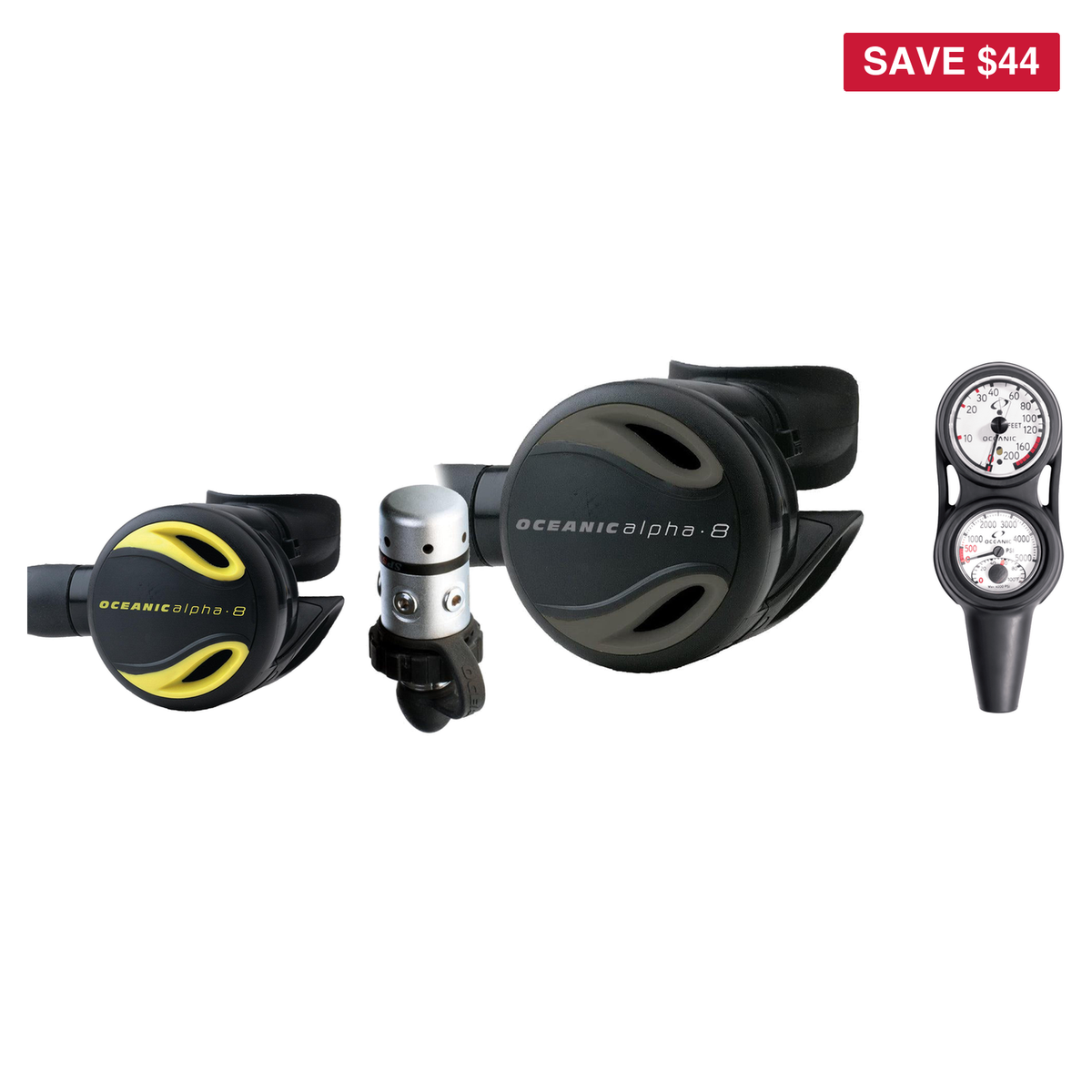 Oceanic Complete Regulator Set – Alpha 8 + SP5 Regulator + Alpha 8 Octopus + Maxdepth Console — includes Oceanic Alpha 8 + S…