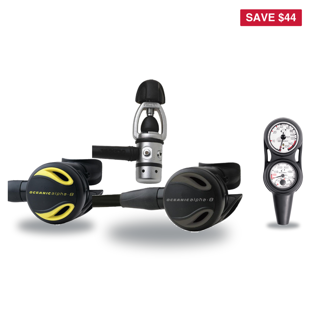 Oceanic Complete Regulator Set – Alpha 8 Sport Yoke Regulator + Alpha 8 Octopus + Maxdepth Console — includes Oceanic Alpha…