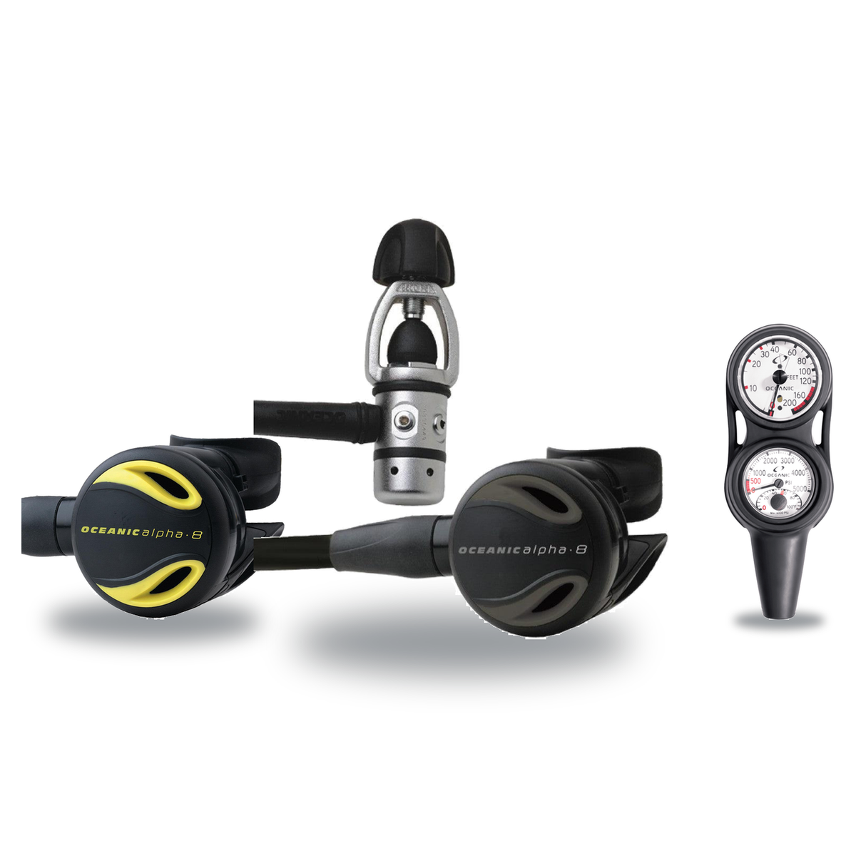 Oceanic Complete Regulator Set – Alpha 8 Sport Yoke Regulator + Alpha 8 Octopus + Maxdepth Console
