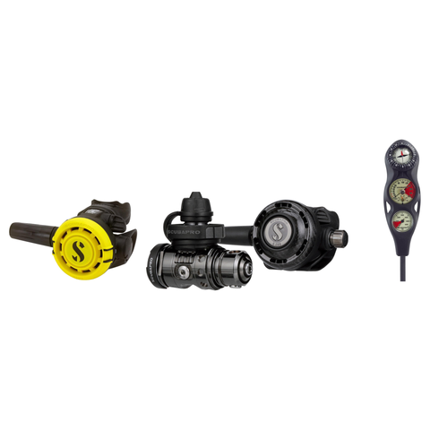 Scubapro Complete Regulator Set – MK 19 EVO BT / G260 Carbon Black Tech Regulator + R105 Octopus + 3-Gauge Console