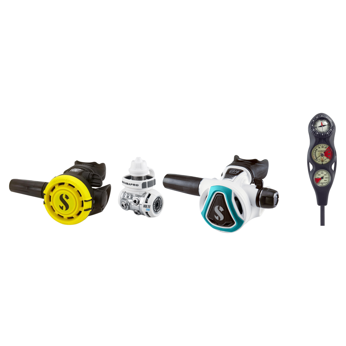 Scubapro Complete Regulator Set – MK11 EVO/C370 White Regulator + R105 Octopus + 3-Gauge Console — Turquoise, DIN
