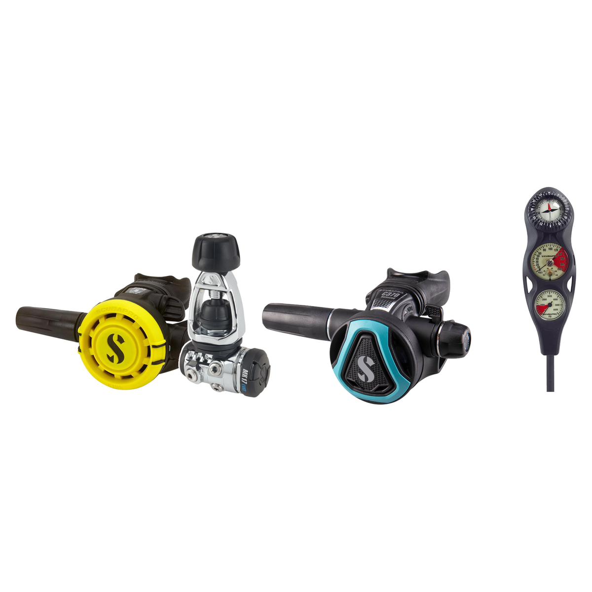 Scubapro Complete Regulator Set – MK17 EVO2/C370 Regulator + R105 Octopus + 3-Gauge Console — Turquoise, INT (Yoke)
