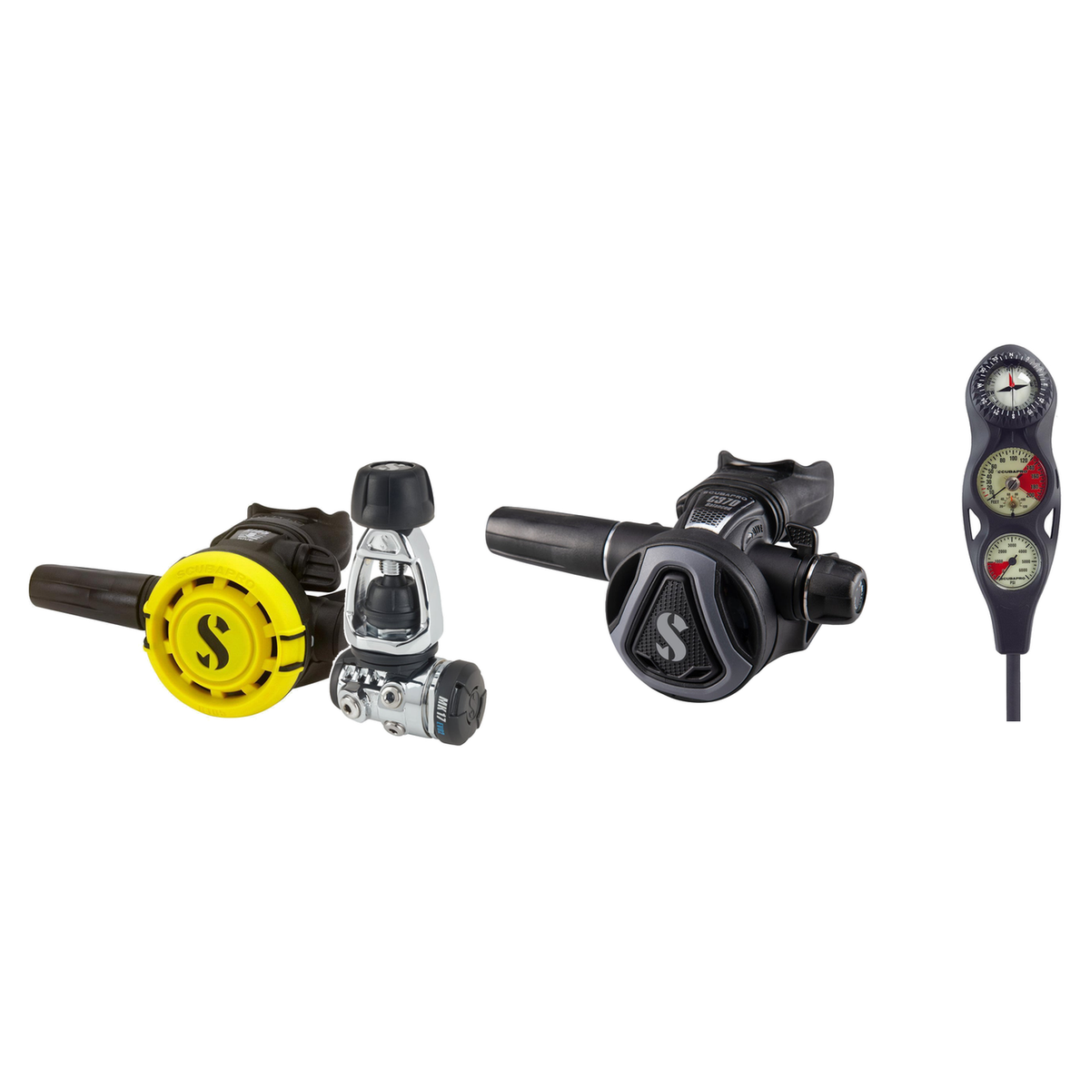 Scubapro Complete Regulator Set – MK17 EVO2/C370 Regulator + R105 Octopus + 3-Gauge Console — Black, INT (Yoke)