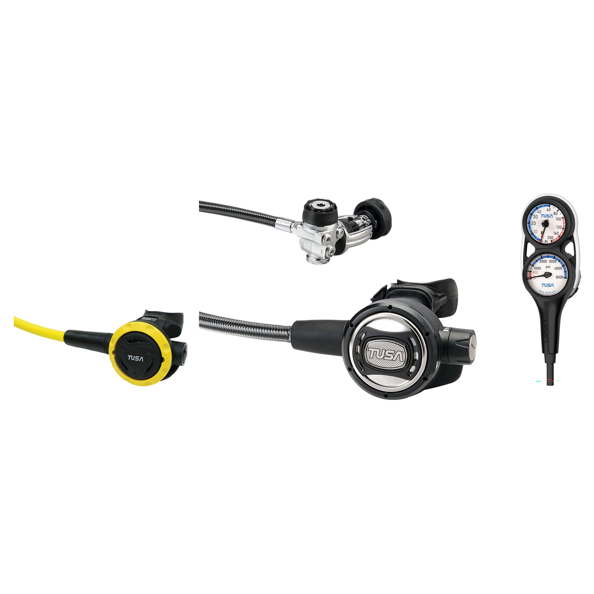 Tusa Complete Regulator Set – RS-609U Compact Diaphragm Regulator + SS-0001 Octopus + 3-Gauge Console — includes Tusa RS-609…