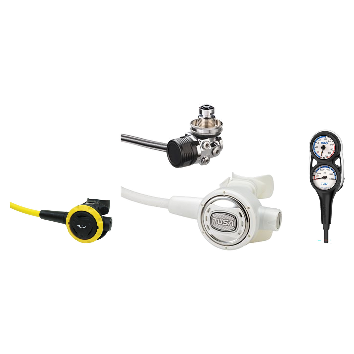 Tusa Complete Regulator Set – RS-609U Compact Diaphragm Regulator + SS-0001 Octopus + 3-Gauge Console — White, DIN