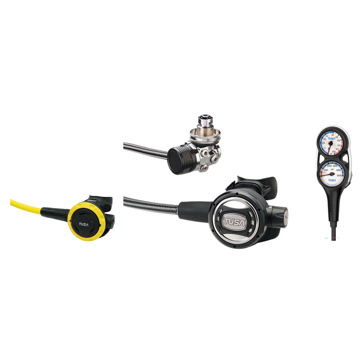 Tusa Complete Regulator Set – RS-609U Compact Diaphragm Regulator + SS-0001 Octopus + 3-Gauge Console — Black, DIN