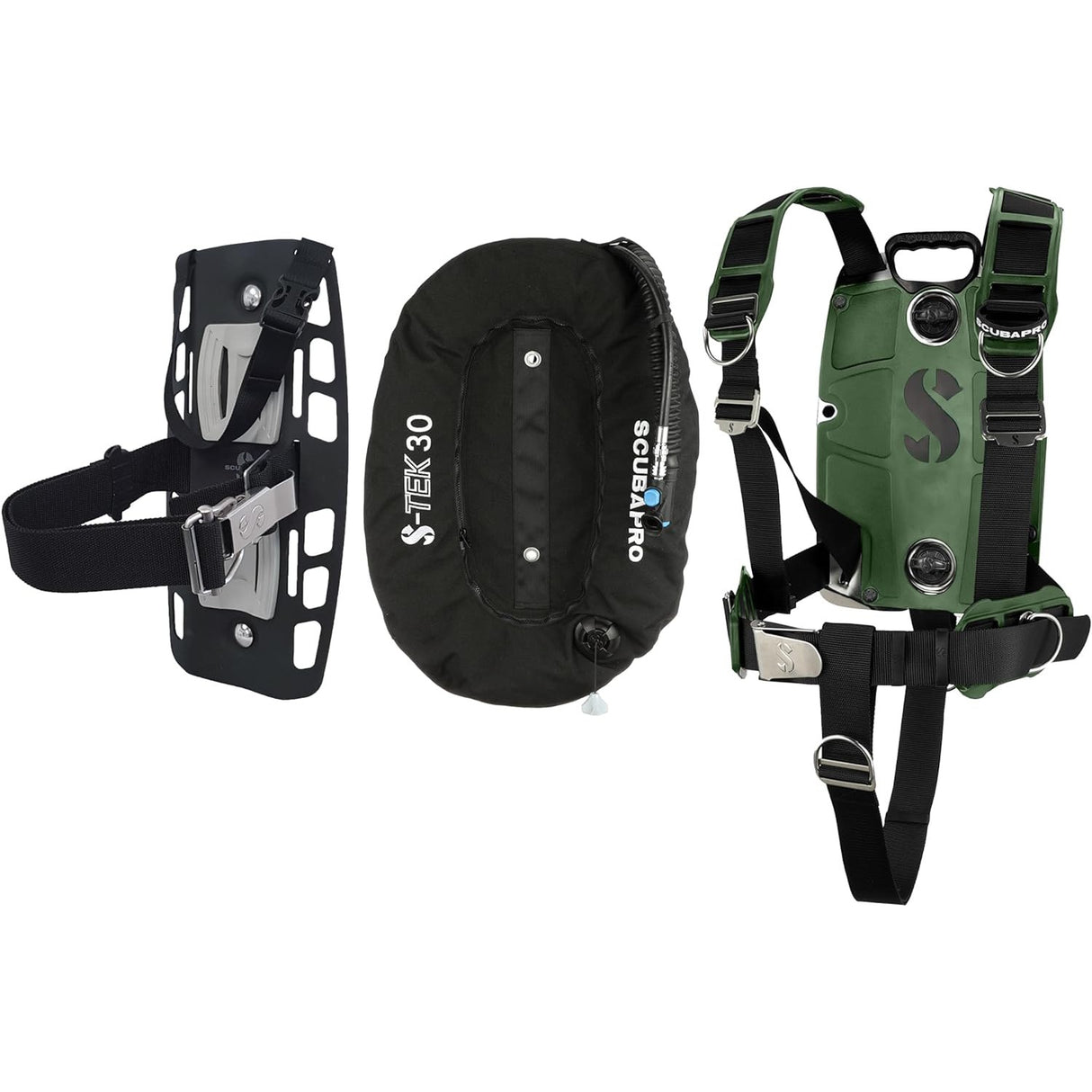 Scubapro S-TEK Donut Wing 30 + S-TEK Pro Harness SS + Single Tank Adapter + Back Shoulder Waist Pad (Color Kit Installed)-Armygreen-